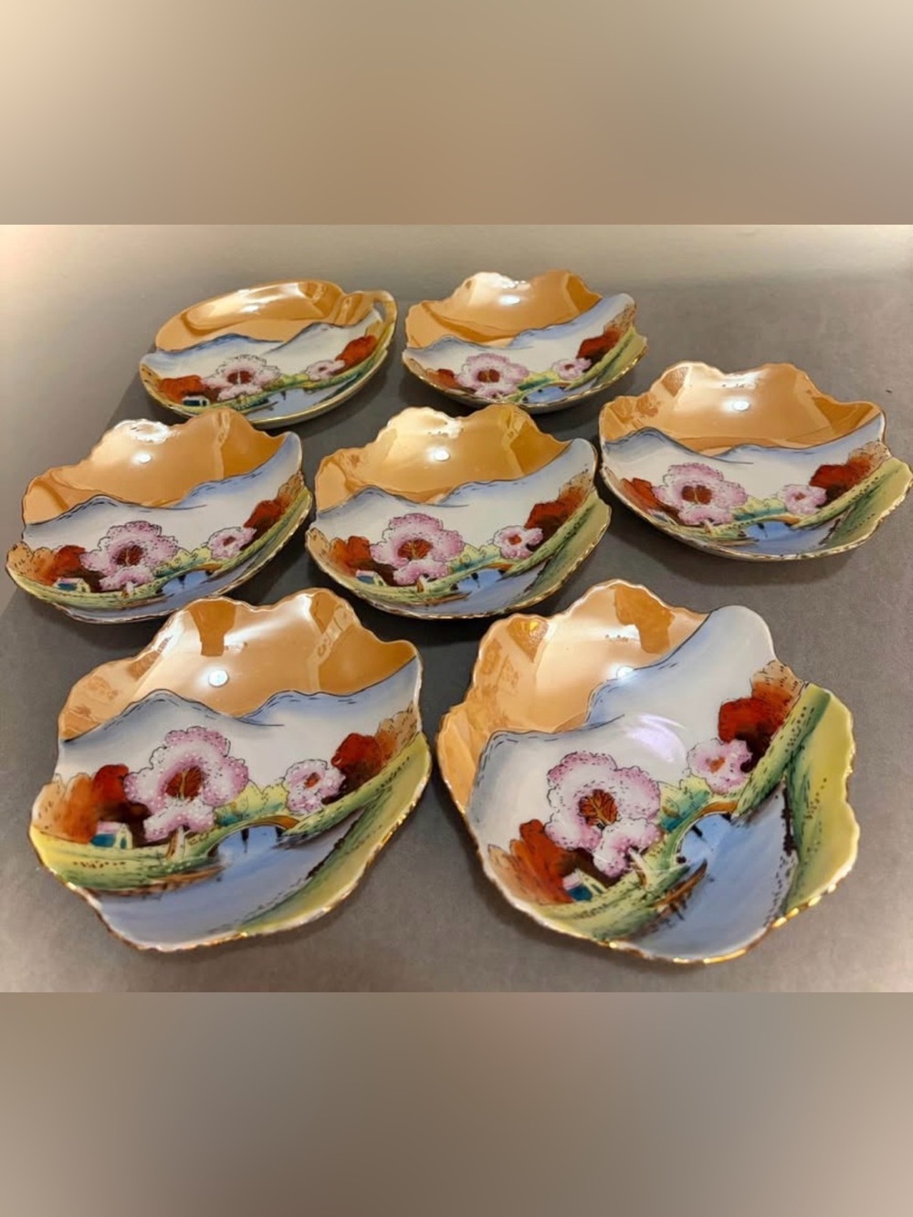 Vintage Noritake Japanese Lusterware, Hand-Painted Lake Scene - 6 plates & dish